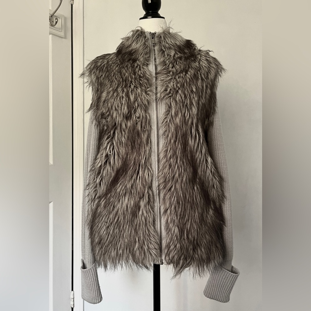 Grey Knit Faux Fur Zip-up Jacket